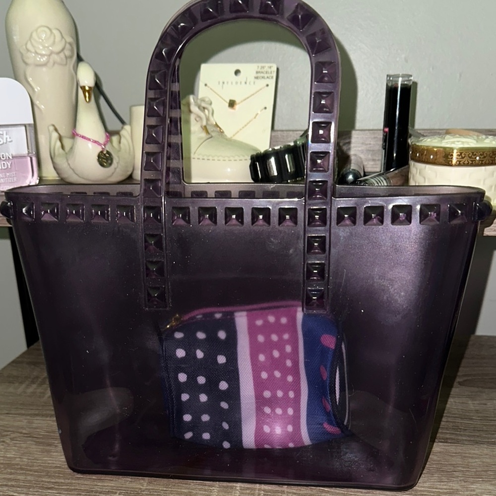 Tote with Studded Geometric Design & Estée Lauder coin pouch